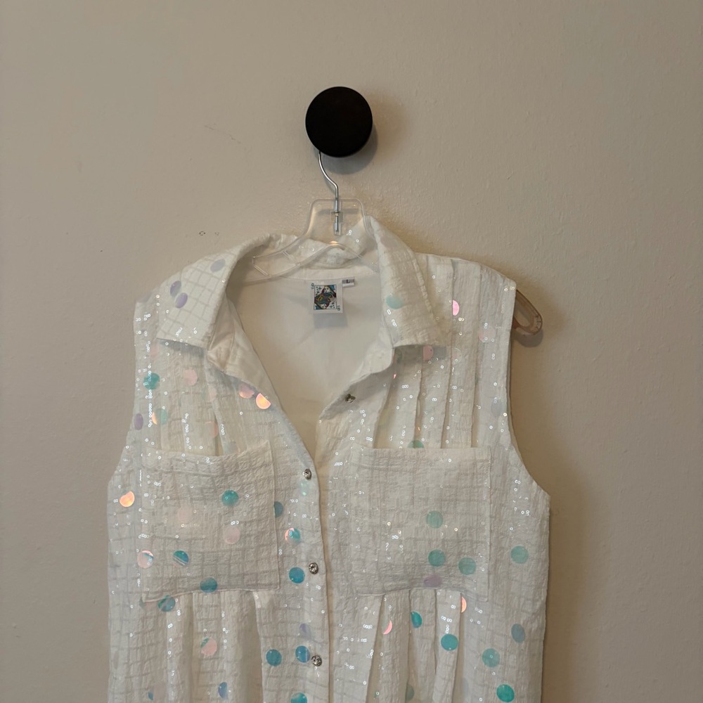 Queen of Sparkles White Checkered Sequin Shirt Dress Rhinestone Button L - Picture 9 of 14
